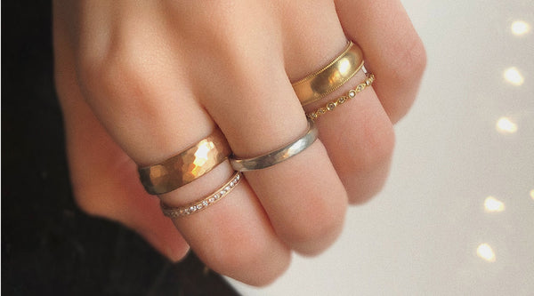 Mixing Metals with stacking bands Catherine Angiel wedding rings