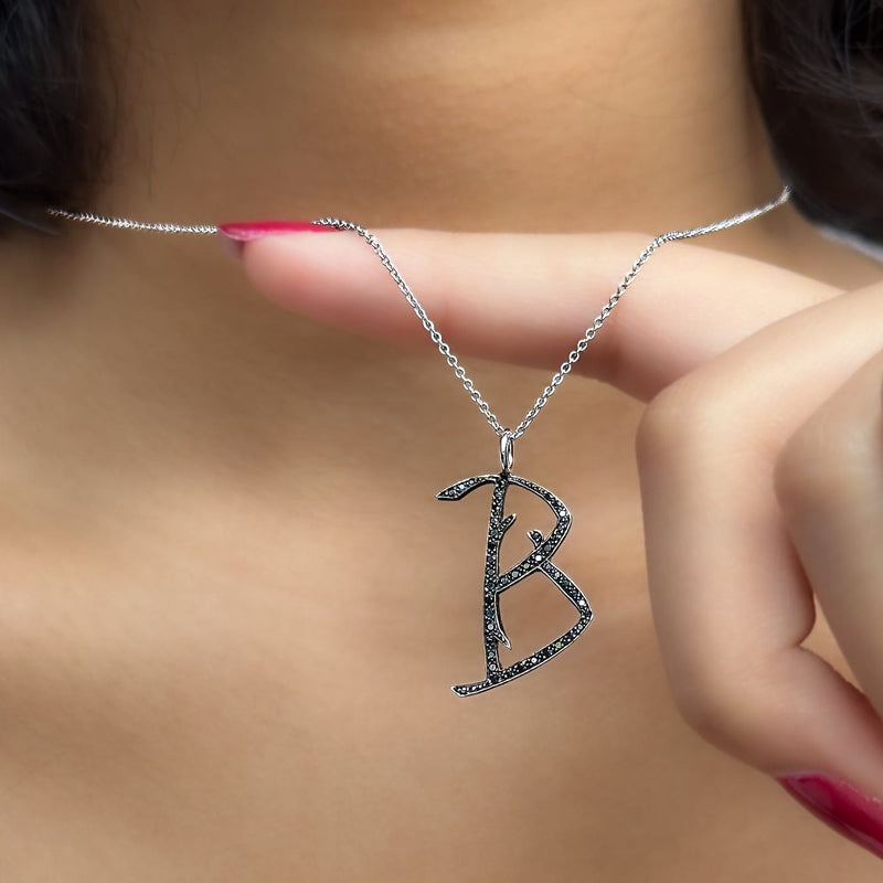 Amazon.com: 925 Sterling Silver Cubic Zirconia Accented Script Initial  Letter B Pendant Necklace, 16
