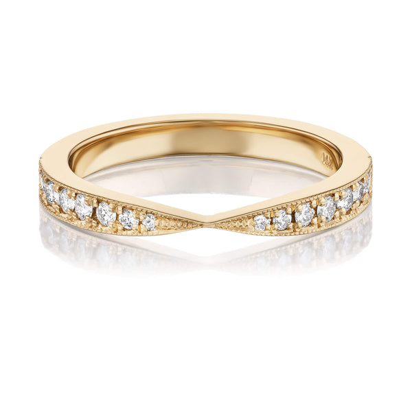 A gold band ring with a pinched design featuring diamonds along the top edge, shown against a white background.