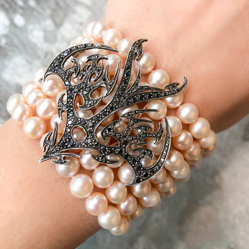 Edgy Unique Pearl and Black Diamond Bracelet