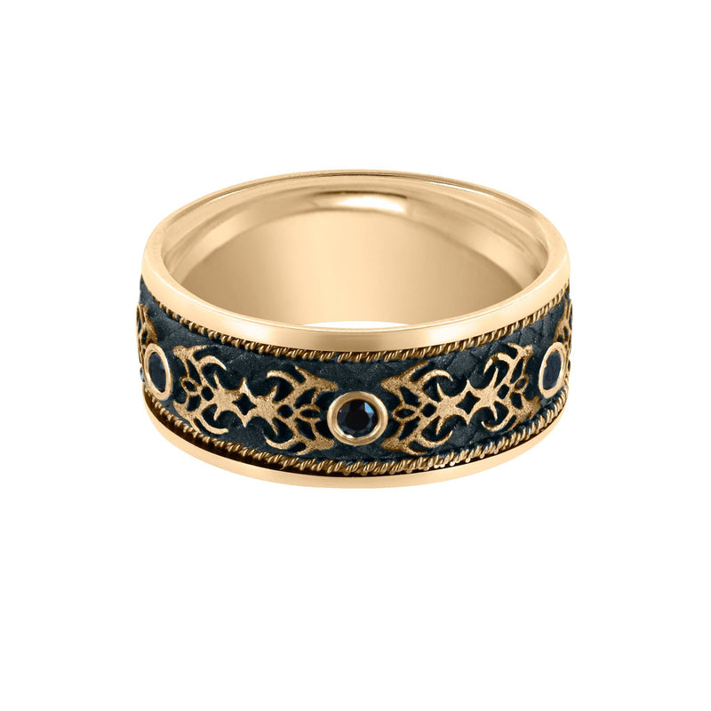 Unique tattoo inspired wedding band yellow gold
