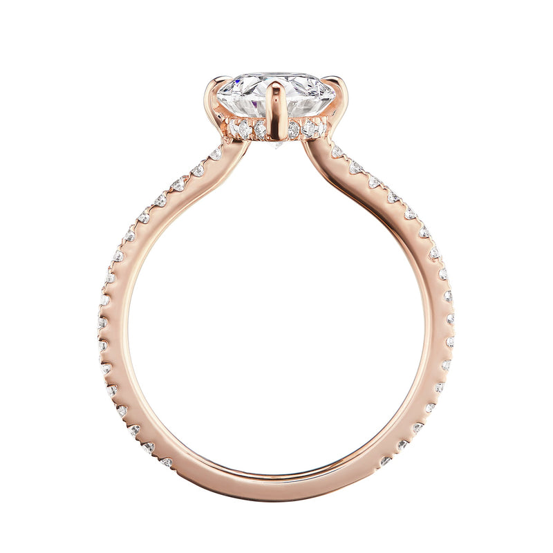 Oval diamond halo ring rose gold side view