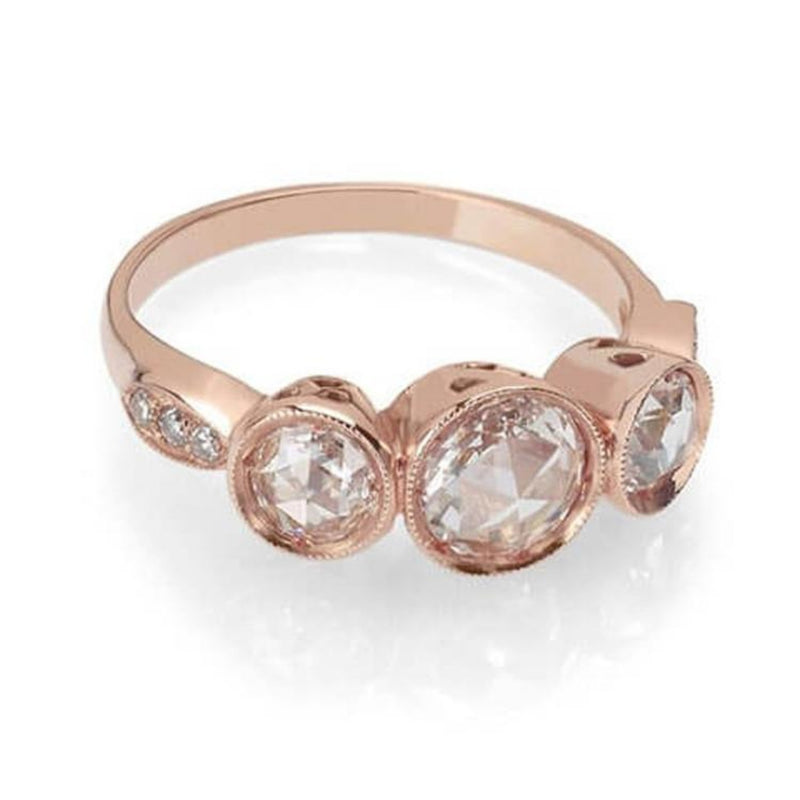Rose cut diamond 3 stone ring with rose cut diamonds