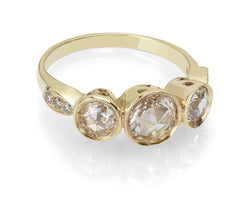 Rose Cut Diamond Three Stone Ring Yellow Gold