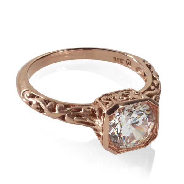 Rose gold antique engagement ring with filigree detail