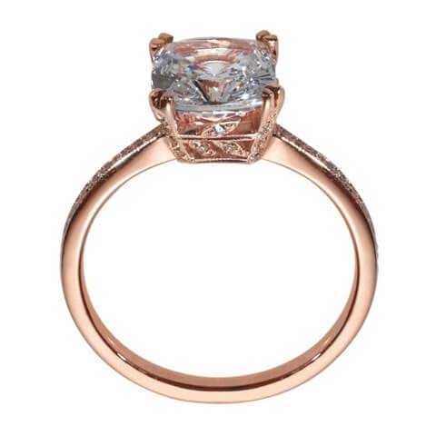 Rose gold cushion cut engagement ring side view 
