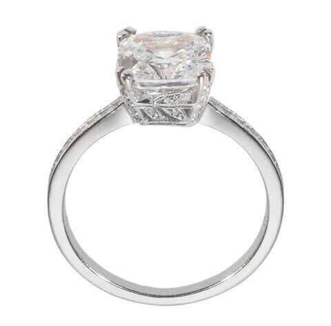 Vintage cushion engagement ring with delicate detail on sides